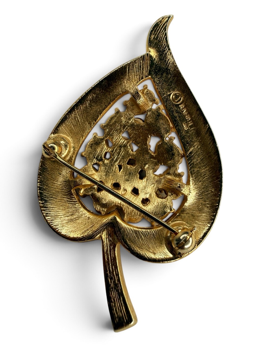 Vintage Crown Trifari Gold Leaf Brooch With Amber Rhinestones - Picture 10 of 13